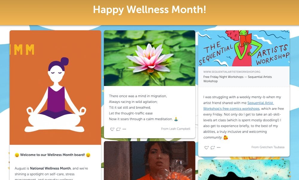National Wellness Month board featuring a wellness haiku and a free workshop to attend